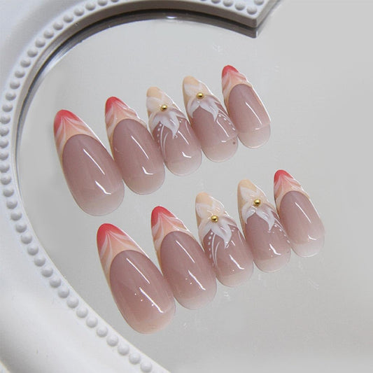 Gorgeous Almond French Tip Press-On Nails - 24Pcs Medium Acrylic with 3D Flower Design, Perfect Nude Finish!