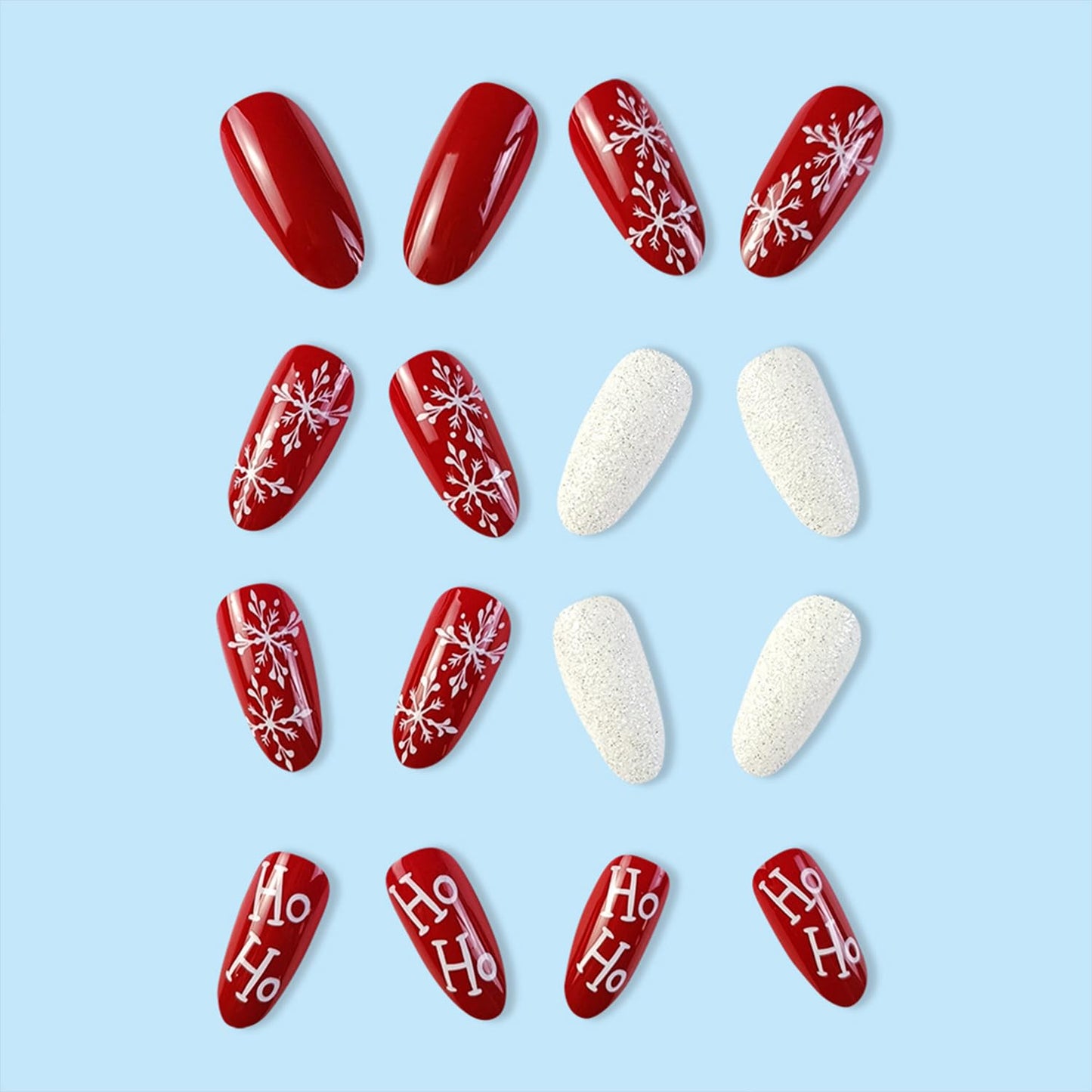 Festive Winter Wonderland Press-On Nails - Long Almond Shape with White Snowflakes & Red Accents - Reusable Acrylic Stick-On Nails for a Stunning Christmas Manicure!