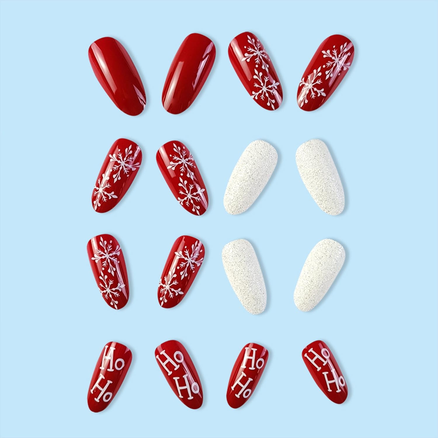 Festive Winter Wonderland Press-On Nails - Long Almond Shape with White Snowflakes & Red Accents - Reusable Acrylic Stick-On Nails for a Stunning Christmas Manicure!