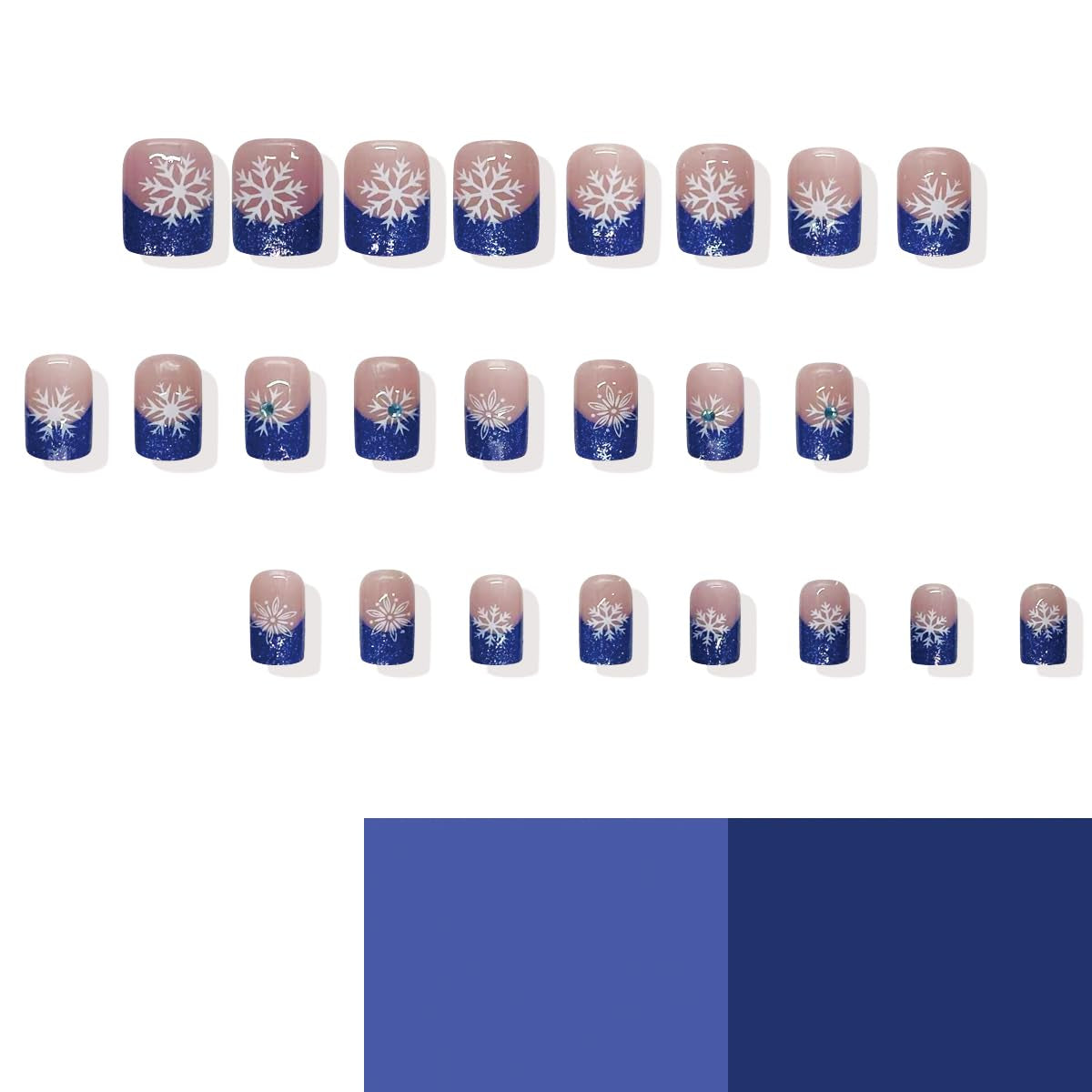 24Pcs Festive Blue Glitter Snowflake Press-On Nails - Short Square French Tips with Rhinestone Design for a Sparkling Christmas Look
