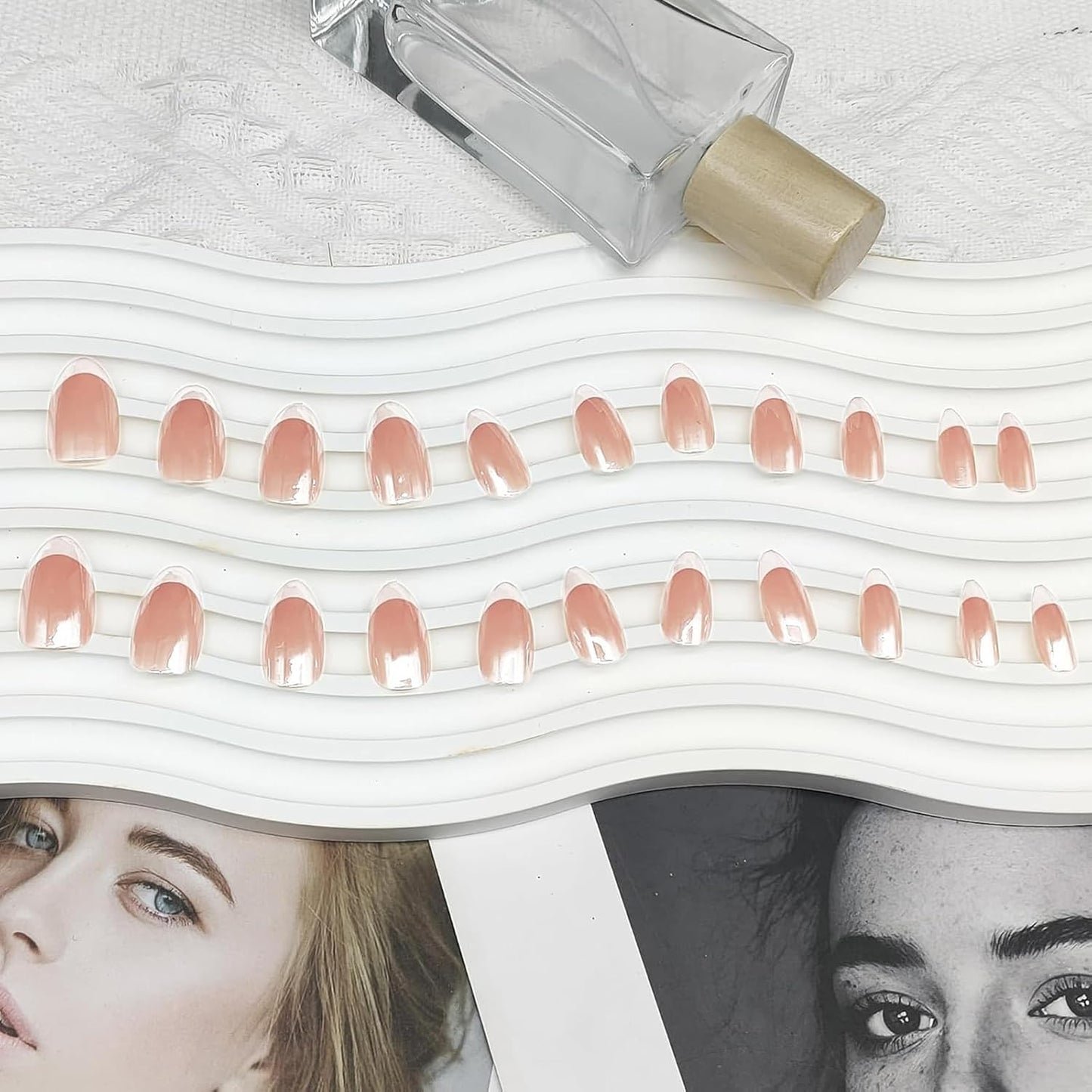 French Tip Chrome Press on Nails Almond Medium Fake Nails with Mirror Designs Glossy Glue on Acrylic Nails Nude Full Cover False Nails for Women