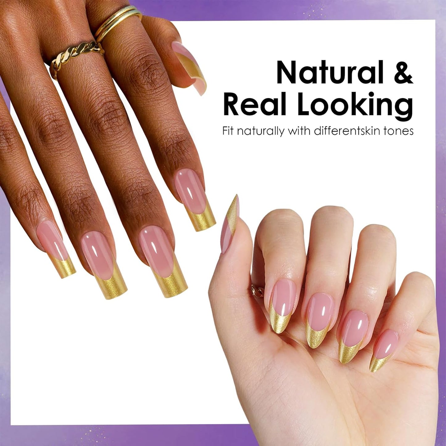 Glamorous Gold Chrome French Tip Press-On Nails - 150 Pcs Medium Almond DIY Gel Nail Tips with Stunning Designs