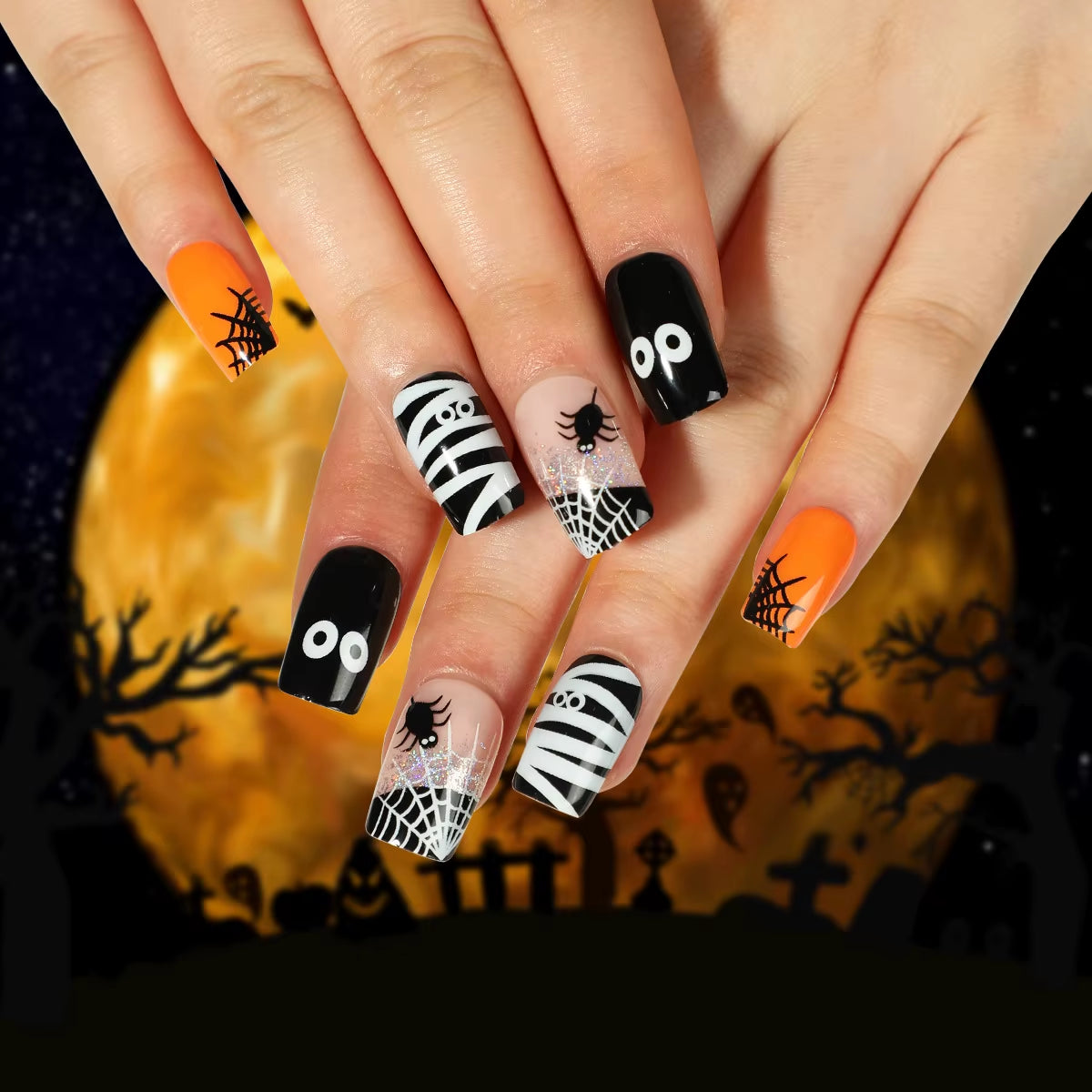 Glamorous 24Pcs Halloween Press-On Nails - Long Ballet Coffin Design with Pearls & French Square Style
