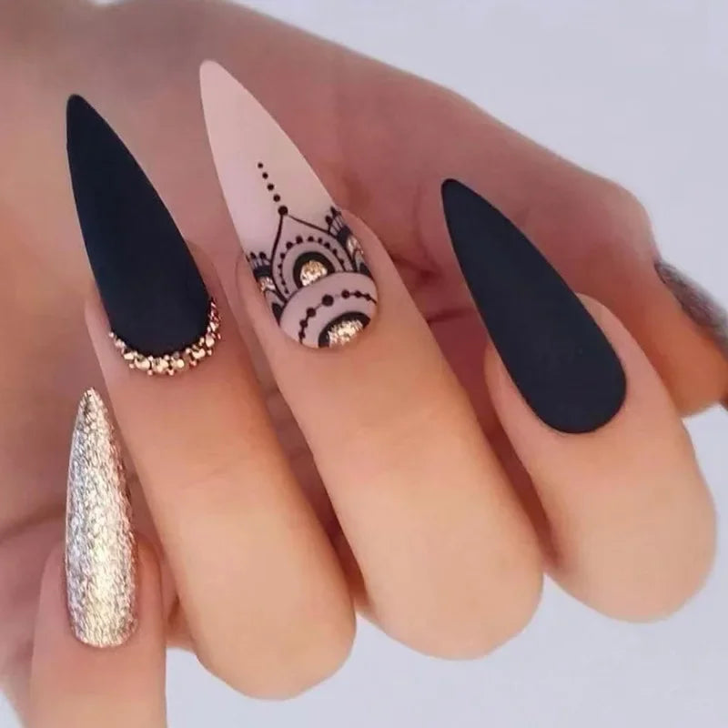 Glamorous Long Stiletto Press-On Nails with Black Edge, Gold Thread, and Rhinestones - Perfect for a Stunning Manicure!