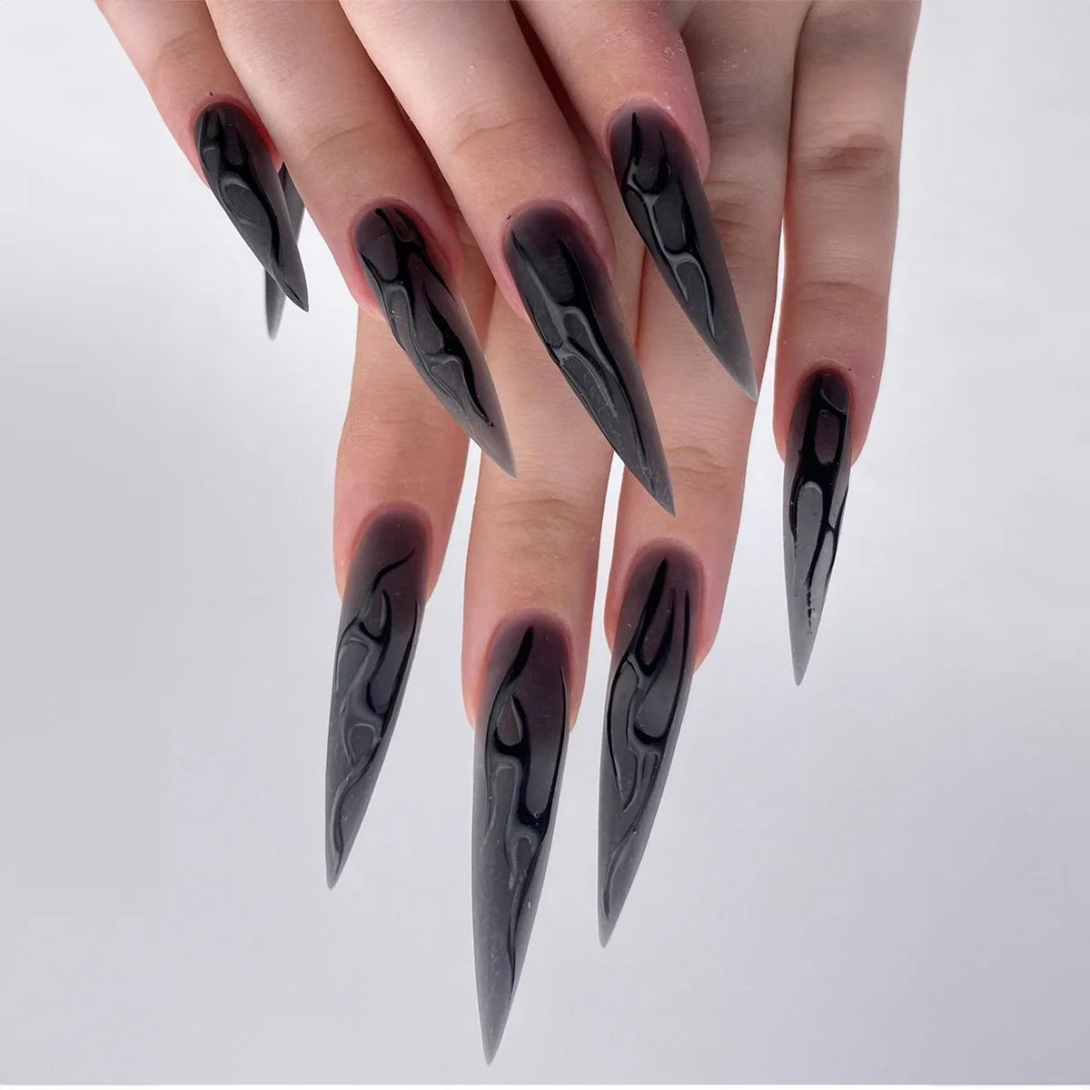 Glamorous 24Pc Halloween Almond Press-On Nails - Sharp French Ballerina Design with Diamond Accents
