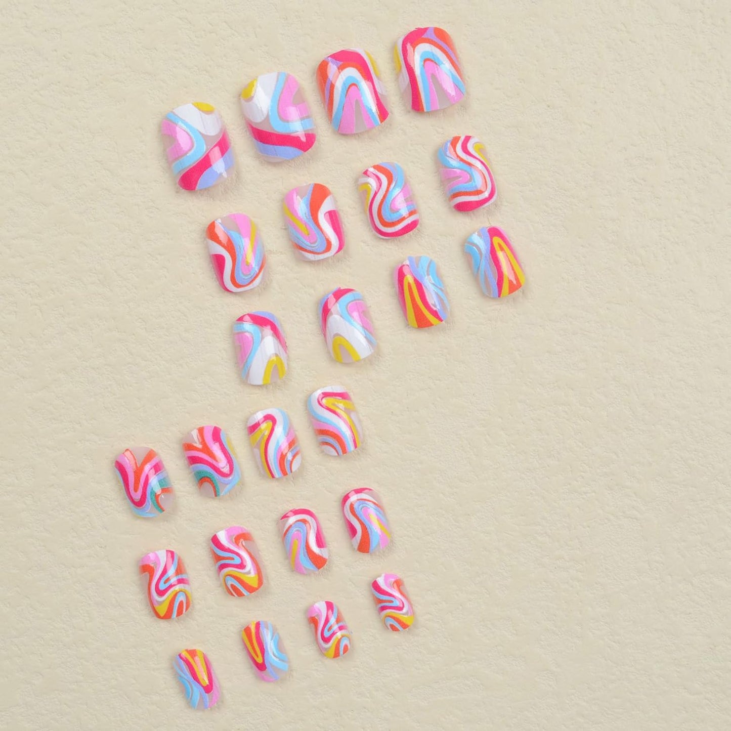 Colorful Wavy Line Press-On Nails - 24 Pcs Glossy Short Coffin Acrylic Fake Nails for Women