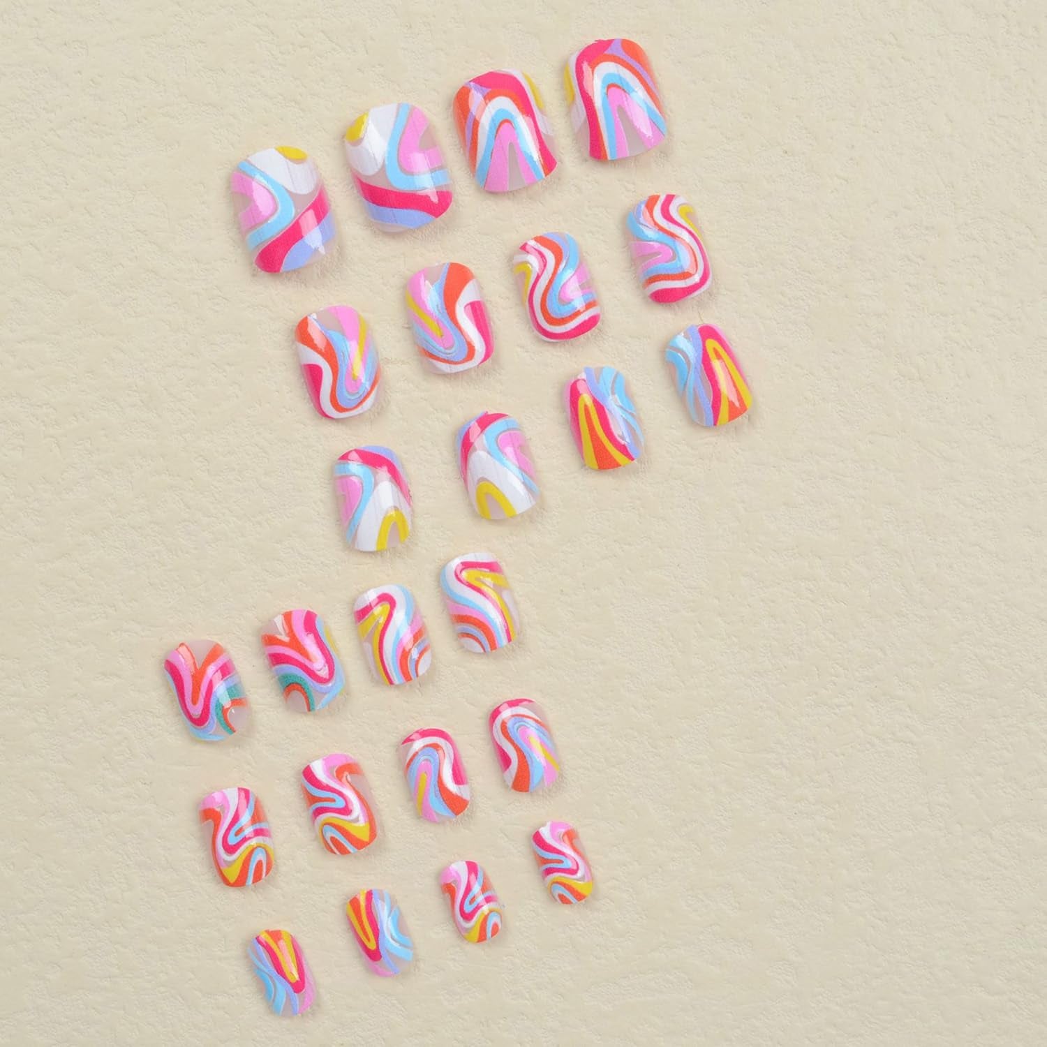 Colorful Wavy Line Press-On Nails - 24 Pcs Glossy Short Coffin Acrylic Fake Nails for Women