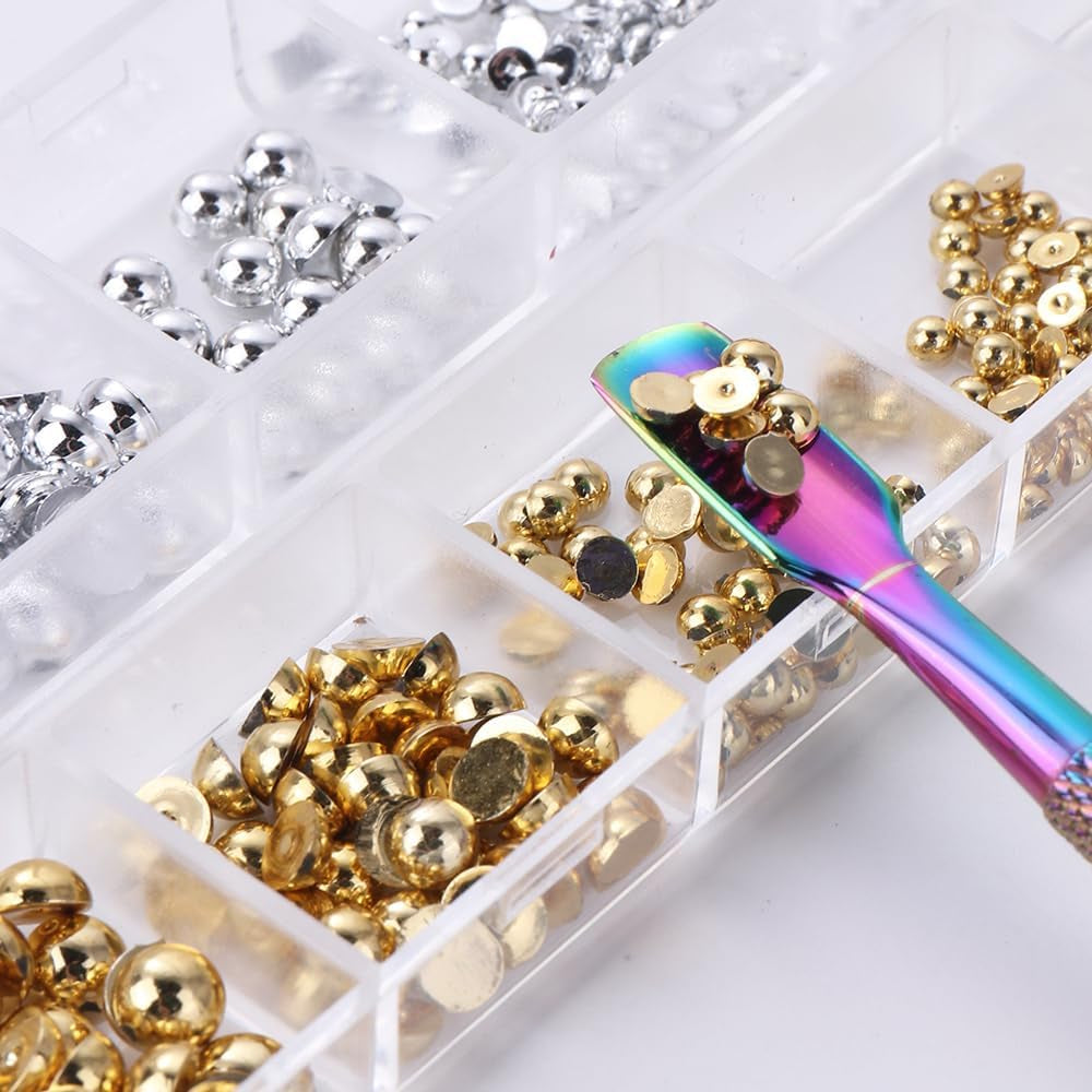12 Grids of Gold & Silver 3D Half Round Nail Charms - Metal Caviar Beads for Stunning Nail Art Designs