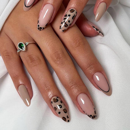 Glamorous Almond Press-On Nails - Medium Light Brown French Tip with Leopard Design - 24 Pcs Stiletto Fall Cheetah Acrylic Glossy Glue-Ons