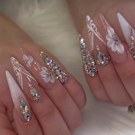 Glamorous Long Stiletto Press-On Nails with Bling Glitter & Rhinestones - 24 Pcs Luxury Acrylic Set