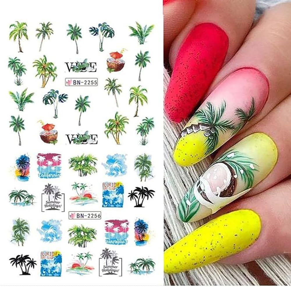 Tropical Paradise Nail Art Stickers - 12 Sheets of Beach, Coconut Tree & Ocean Designs for Stunning Summer Nails