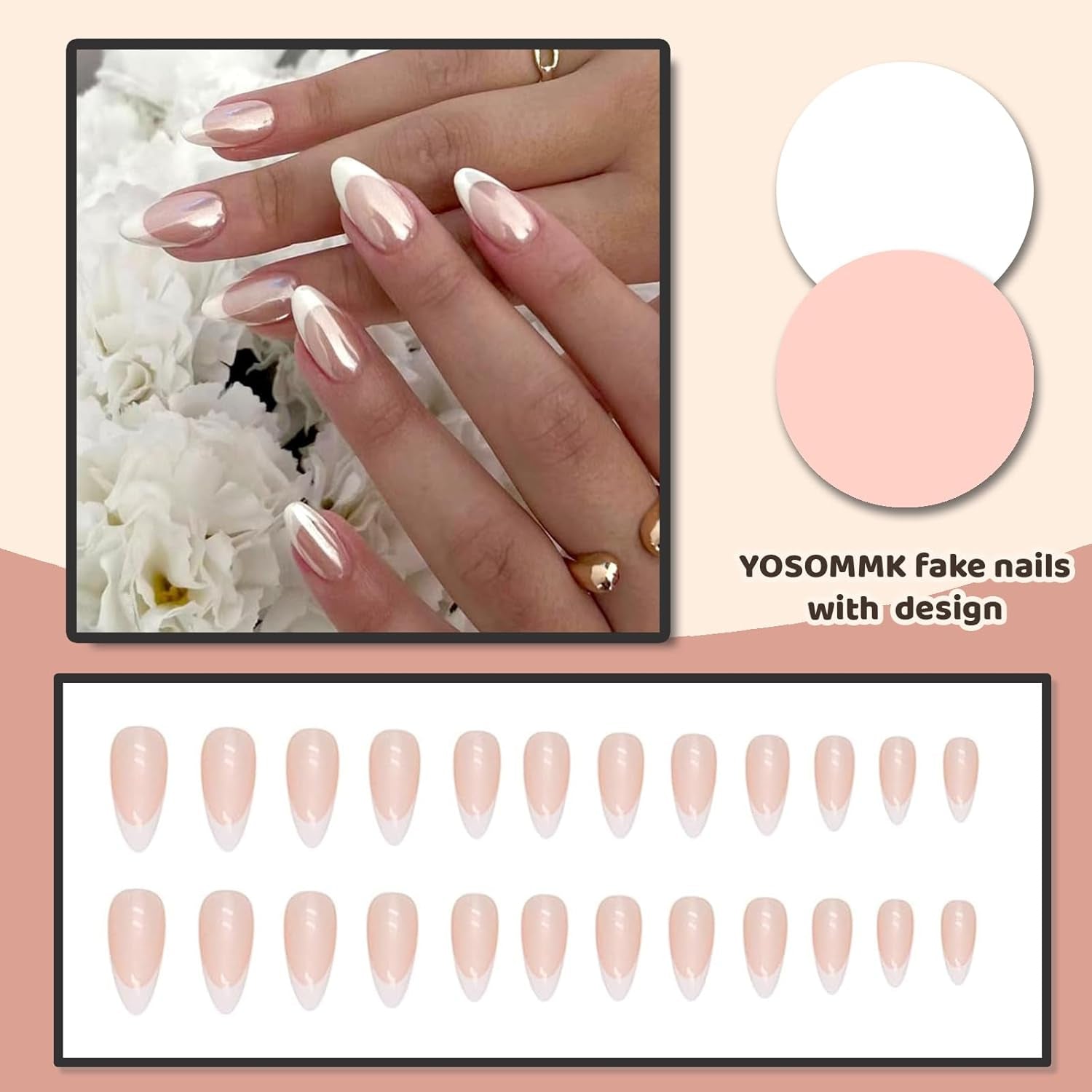 French Tip Chrome Press on Nails Almond Medium Fake Nails with Mirror Designs Glossy Glue on Acrylic Nails Nude Full Cover False Nails for Women