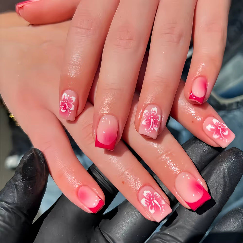 24Pcs Elegant Fairy White Flower Press-On Nails with Pink French Tips - Short Square Design for Effortless DIY Manicure