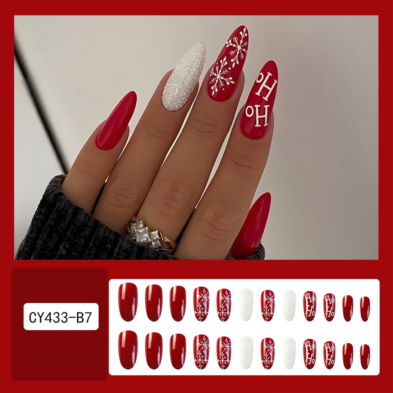 Festive Winter Wonderland Press-On Nails - Long Almond Shape with White Snowflakes & Red Accents - Reusable Acrylic Stick-On Nails for a Stunning Christmas Manicure!