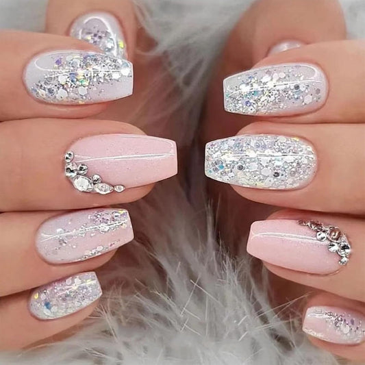 Glamorous Off-White & Pink Glitter Coffin Press-On Nails - 24 Reusable Full Cover Designs for Women & Girls