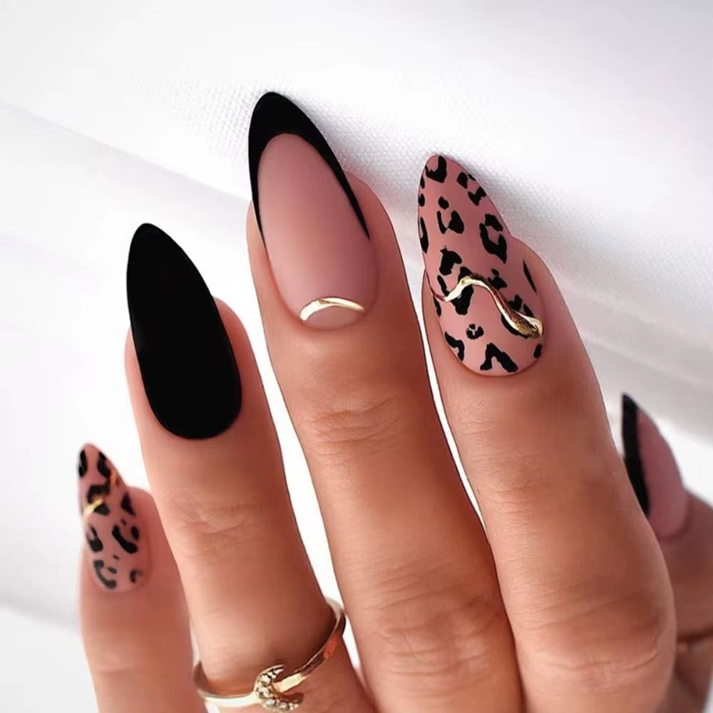 Glamorous Long Stiletto Press-On Nails with Black Edge, Gold Thread, and Rhinestones - Perfect for a Stunning Manicure!