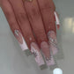 Glamorous French Tip Press-On Nails with 3D Rhinestones - Long Square Glossy Nude False Nails with Flower & Butterfly Charms - 24 Pcs for Stunning Nail Decor