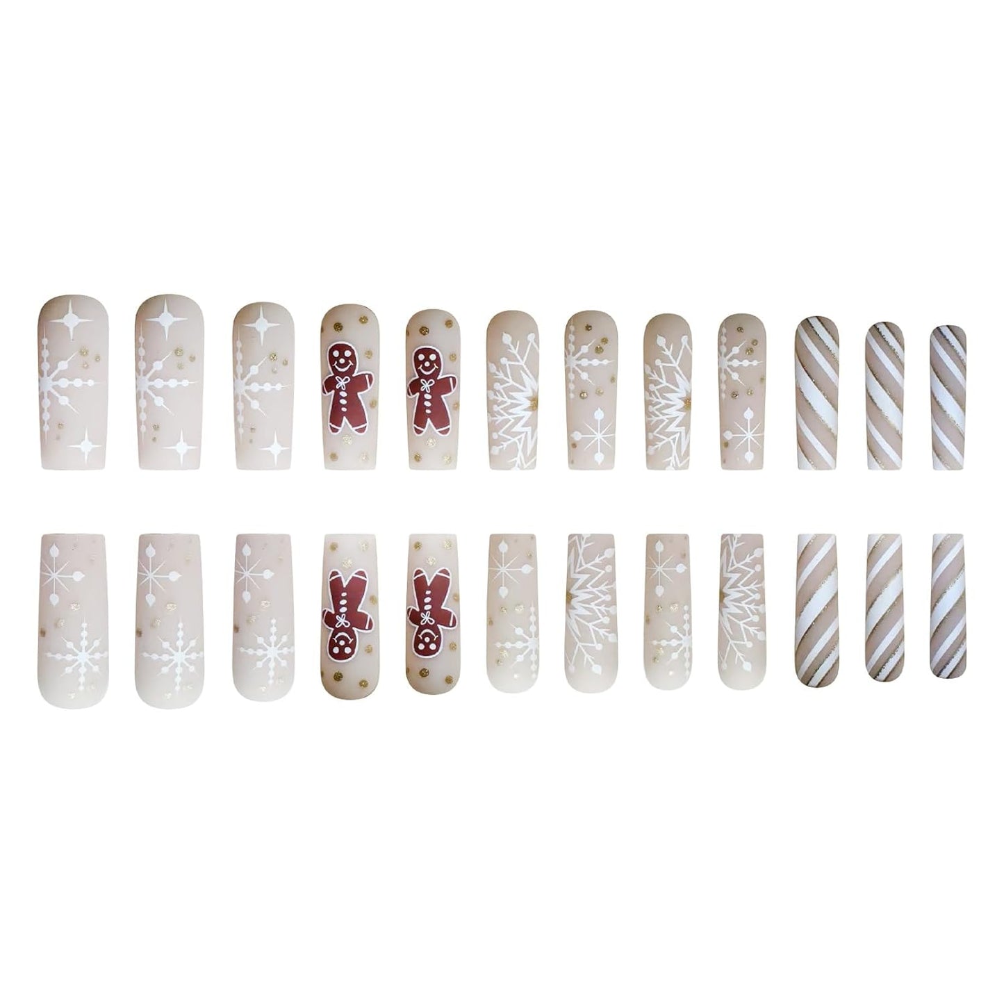 Festive Gingerbread Man Press-On Nails - 24Pcs Long Square Acrylic Set with Snowflake & Stripe Designs for a Merry Christmas!