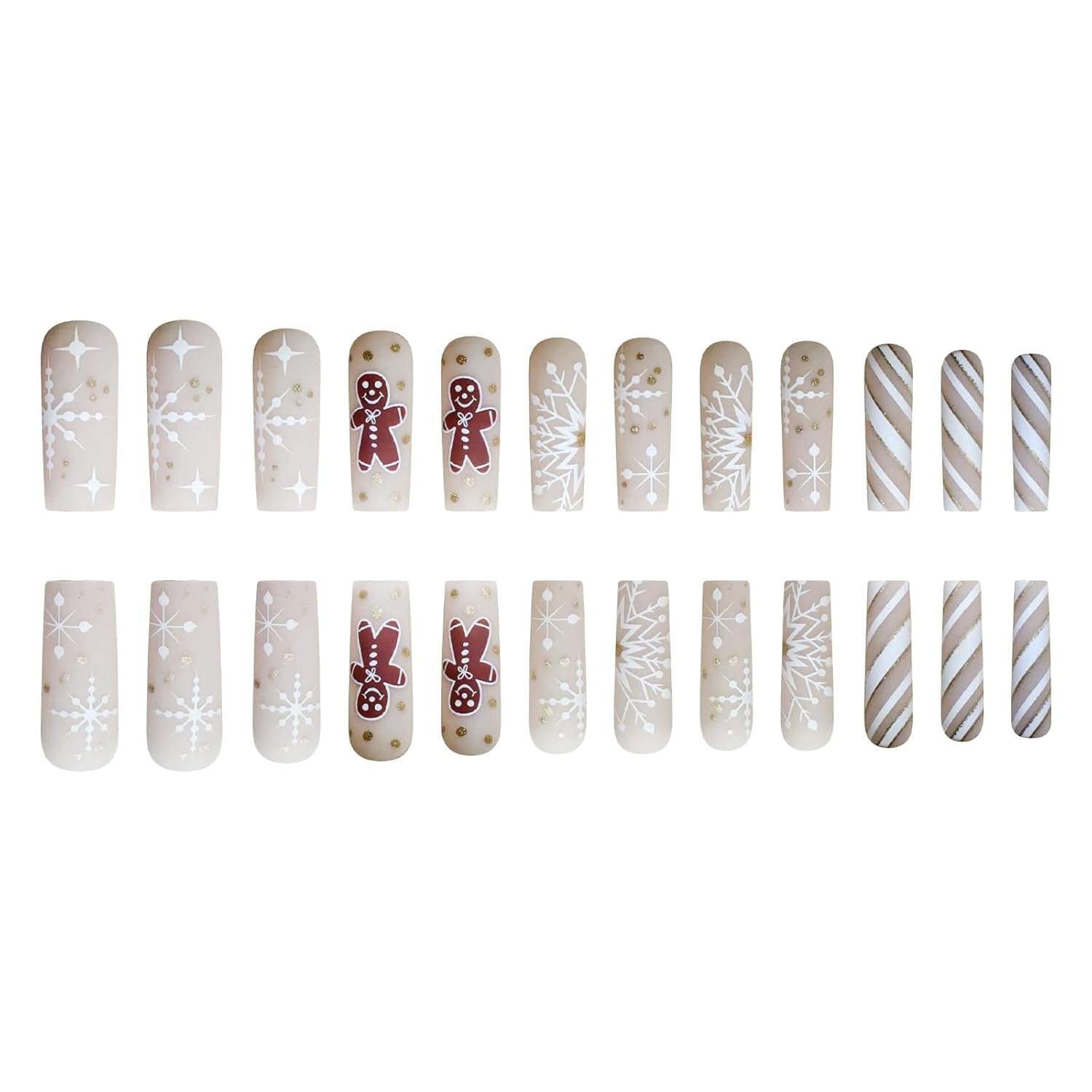 Festive Gingerbread Man Press-On Nails - 24Pcs Long Square Acrylic Set with Snowflake & Stripe Designs for a Merry Christmas!