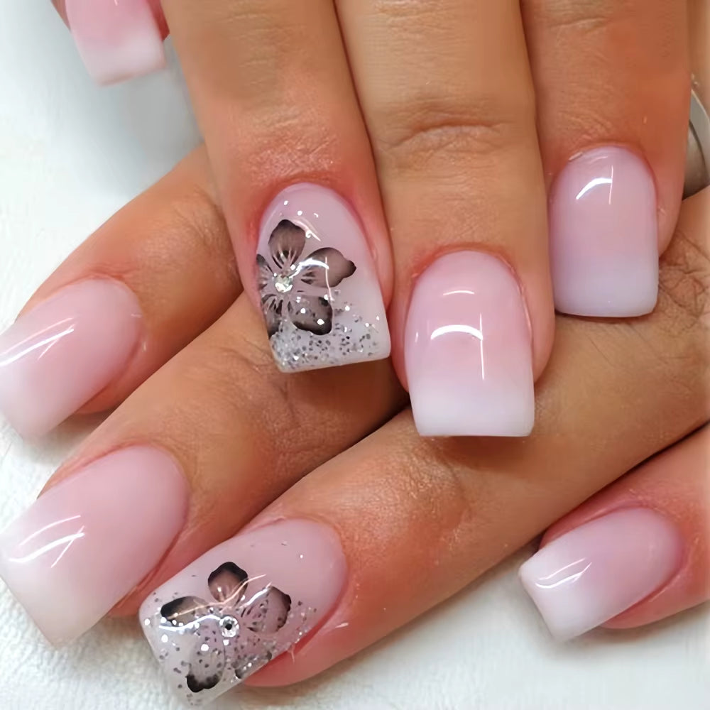 24Pcs Elegant Fairy White Flower Press-On Nails with Pink French Tips - Short Square Design for Effortless DIY Manicure