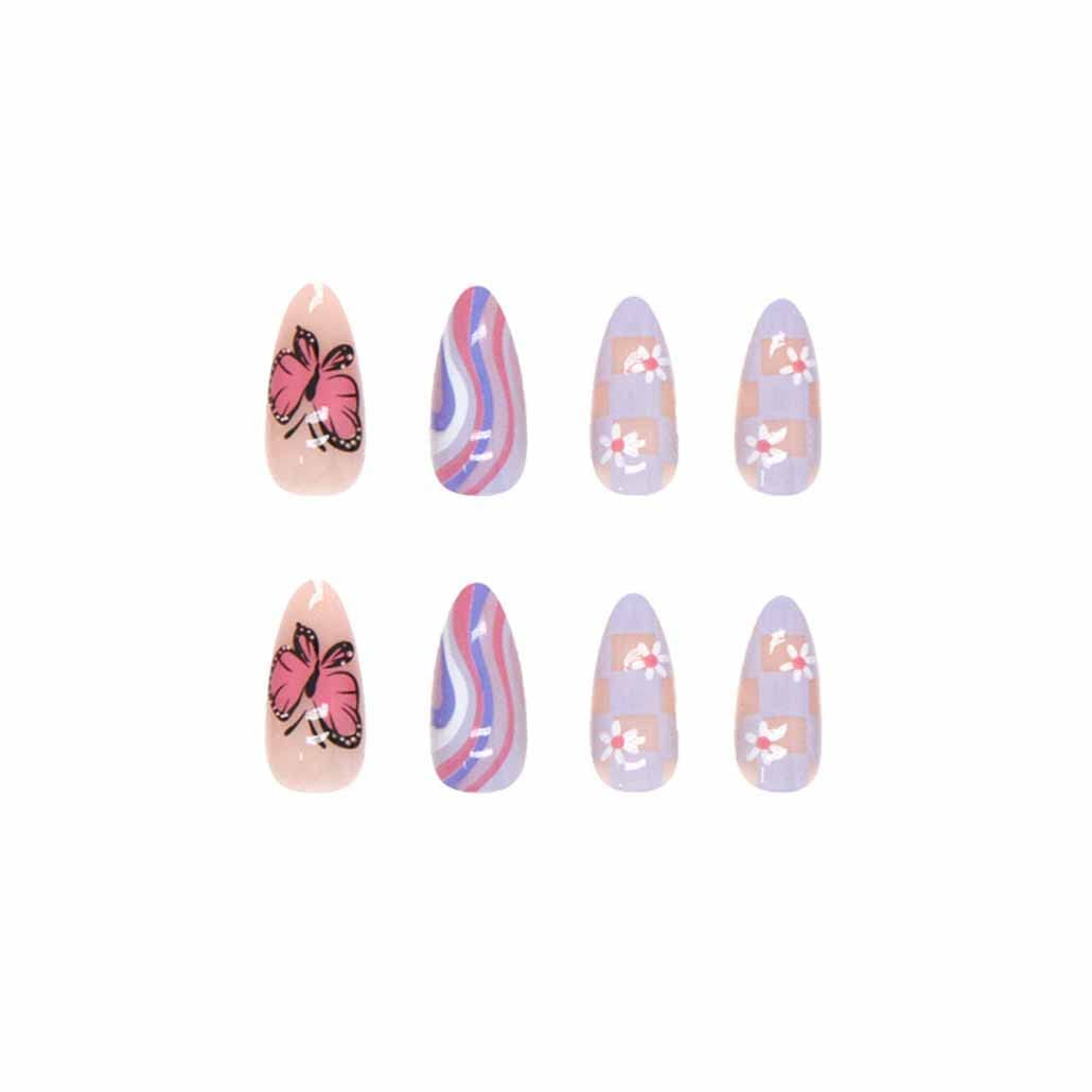 Gorgeous Butterfly Press-On Nails - Medium Almond Shape, 24 Pcs Pink Acrylic False Nails for Women and Girls