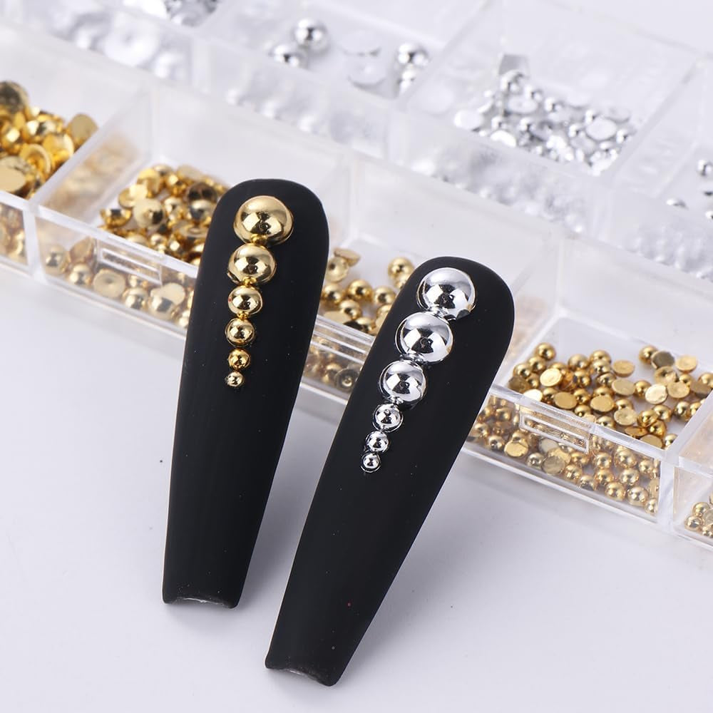 12 Grids of Gold & Silver 3D Half Round Nail Charms - Metal Caviar Beads for Stunning Nail Art Designs