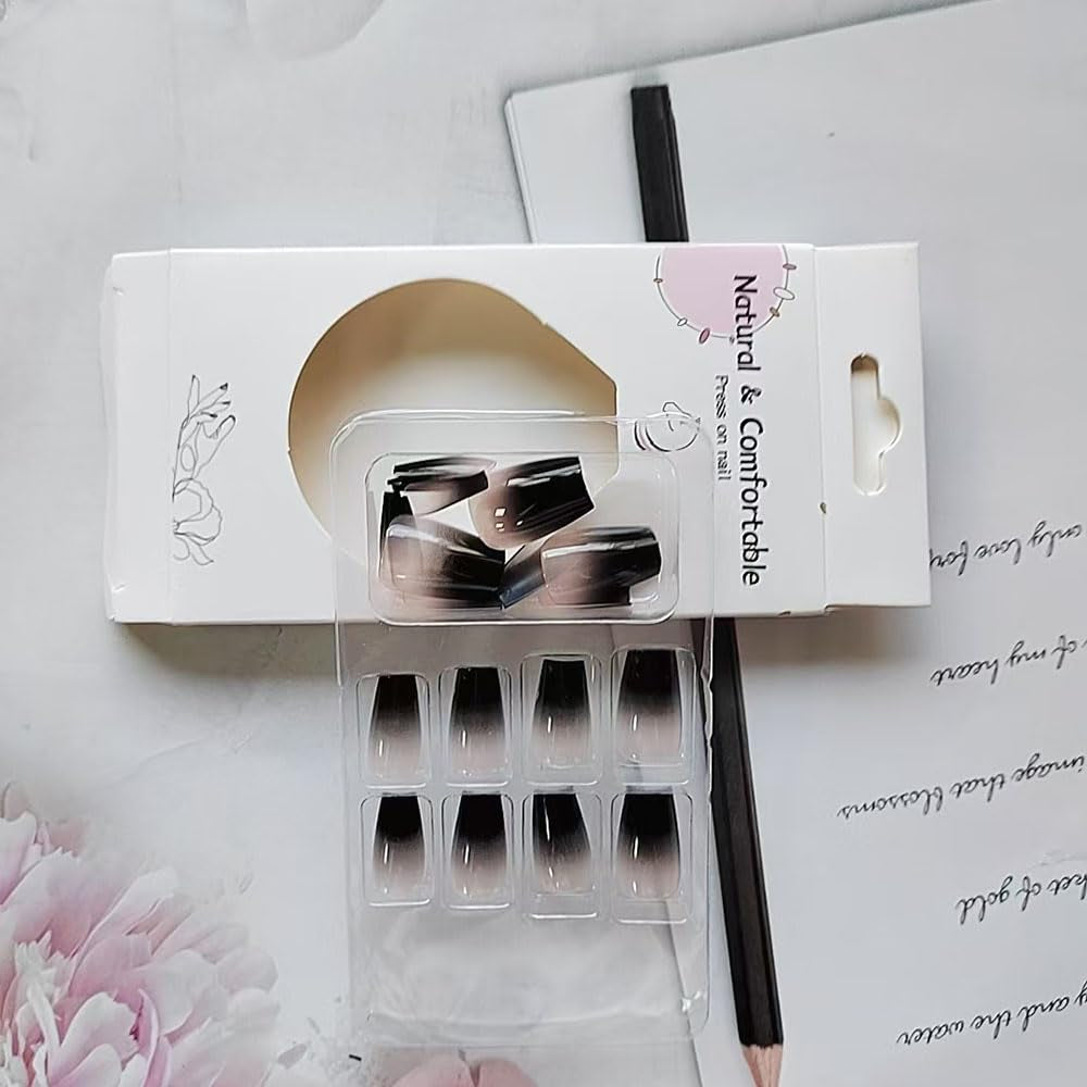 24 Pcs Black & White Ombre Press-On Nails - Stylish Short Square Full Cover French Tips for Effortless DIY Nail Art