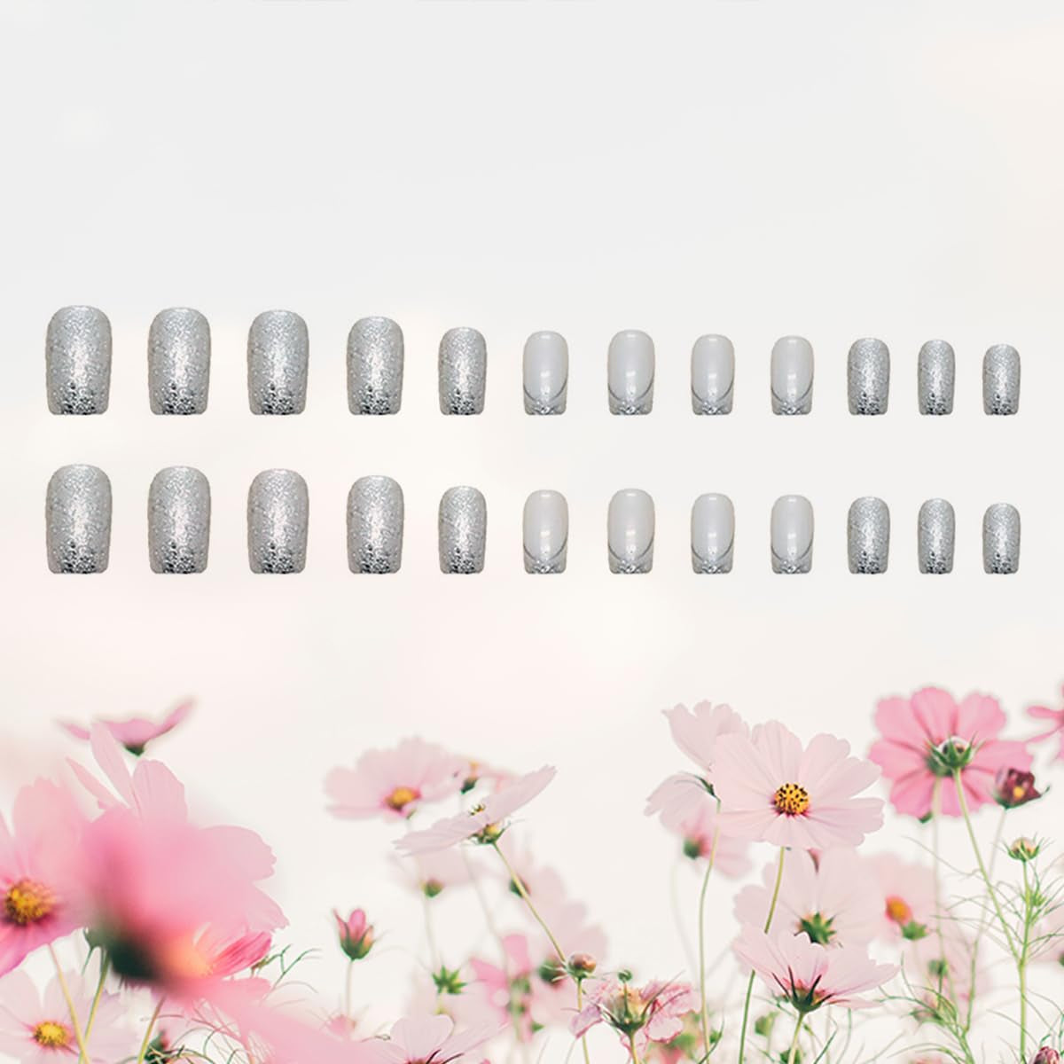 Glamorous 24 Pcs Silver Glitter French Tip Press-On Nails - Medium Square Full Cover with Bling Sequins for Stunning DIY Manicures