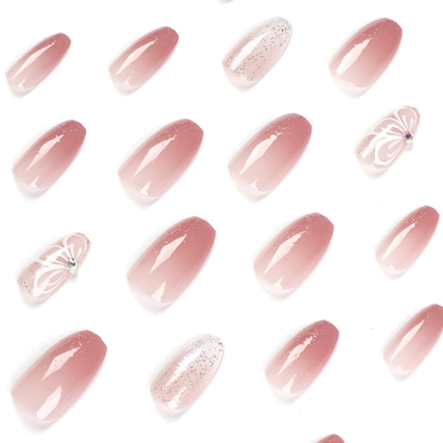 Gorgeous Pink Gradient Coffin Press-On Nails with Flash Flower Design - Full Cover Acrylic Ballerina Style for Effortless Glam!