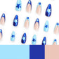 Stunning Blue French Tip Press-On Nails - Medium Almond Shape with Star Designs - 24 Reusable Acrylic Stick-On Nails for Effortless Glam!