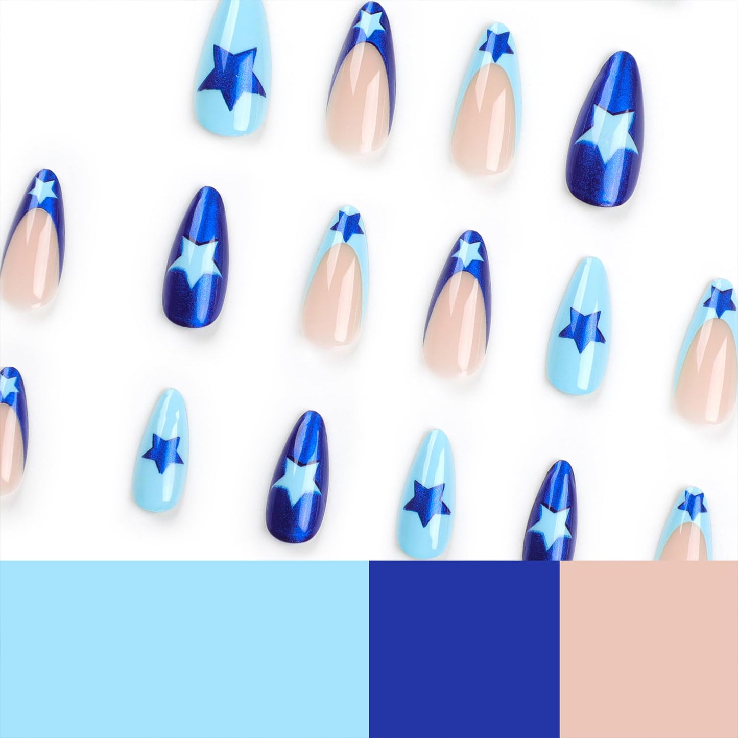 Stunning Blue French Tip Press-On Nails - Medium Almond Shape with Star Designs - 24 Reusable Acrylic Stick-On Nails for Effortless Glam!