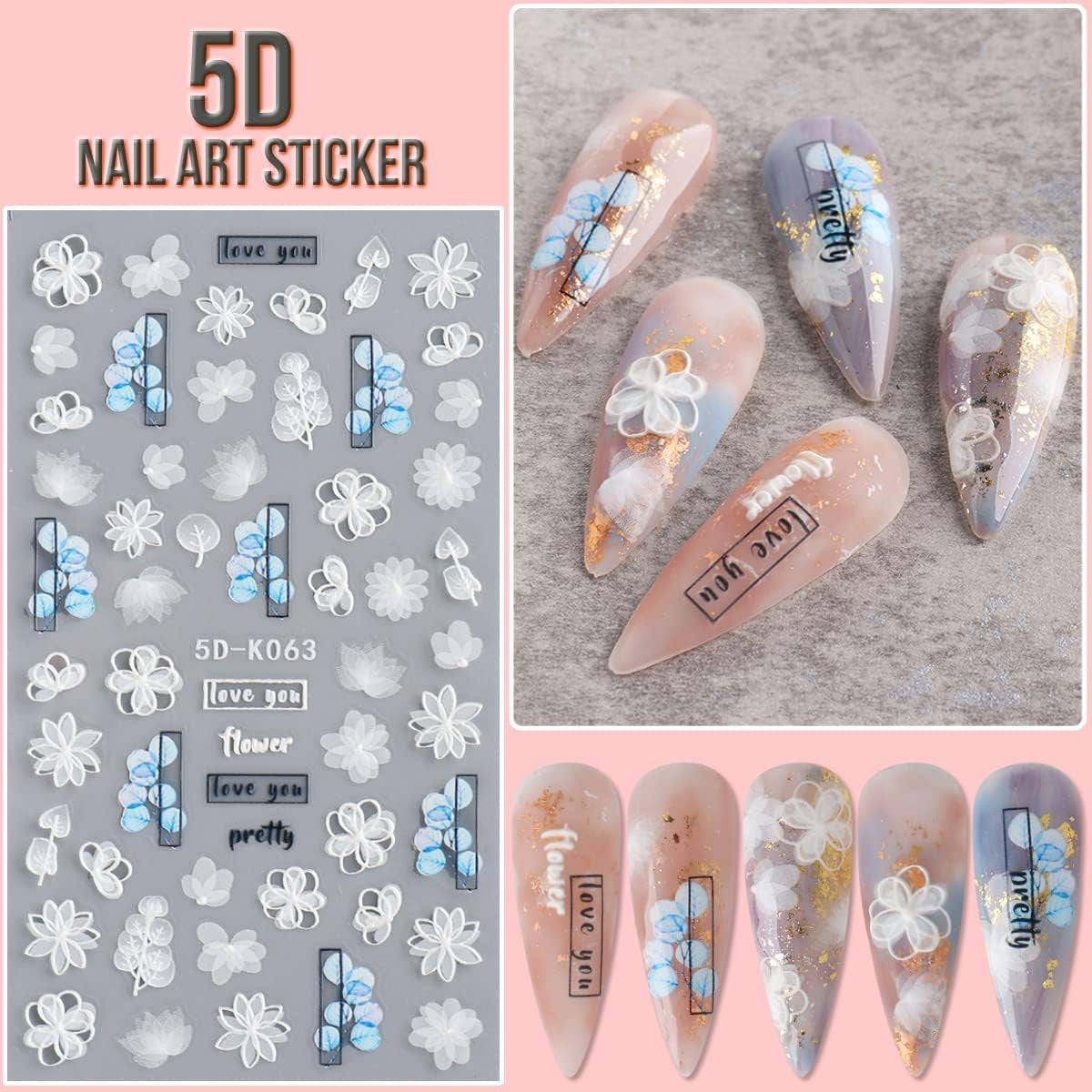 5D Flower Nail Art Sticker Decals Hollow Exquisite Pattern Nail Art Supplies Self-Adhesive Luxurious DIY Nail Art Decoration White Lace Flower Leaf Carving Design