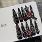 Y2K Menhera Spice Girls Inspired Black & Red Long Tip Handmade Press-On Nails with Cross, Spider, Love, Diamond, and Bow Designs - Cool Dark Nail Art