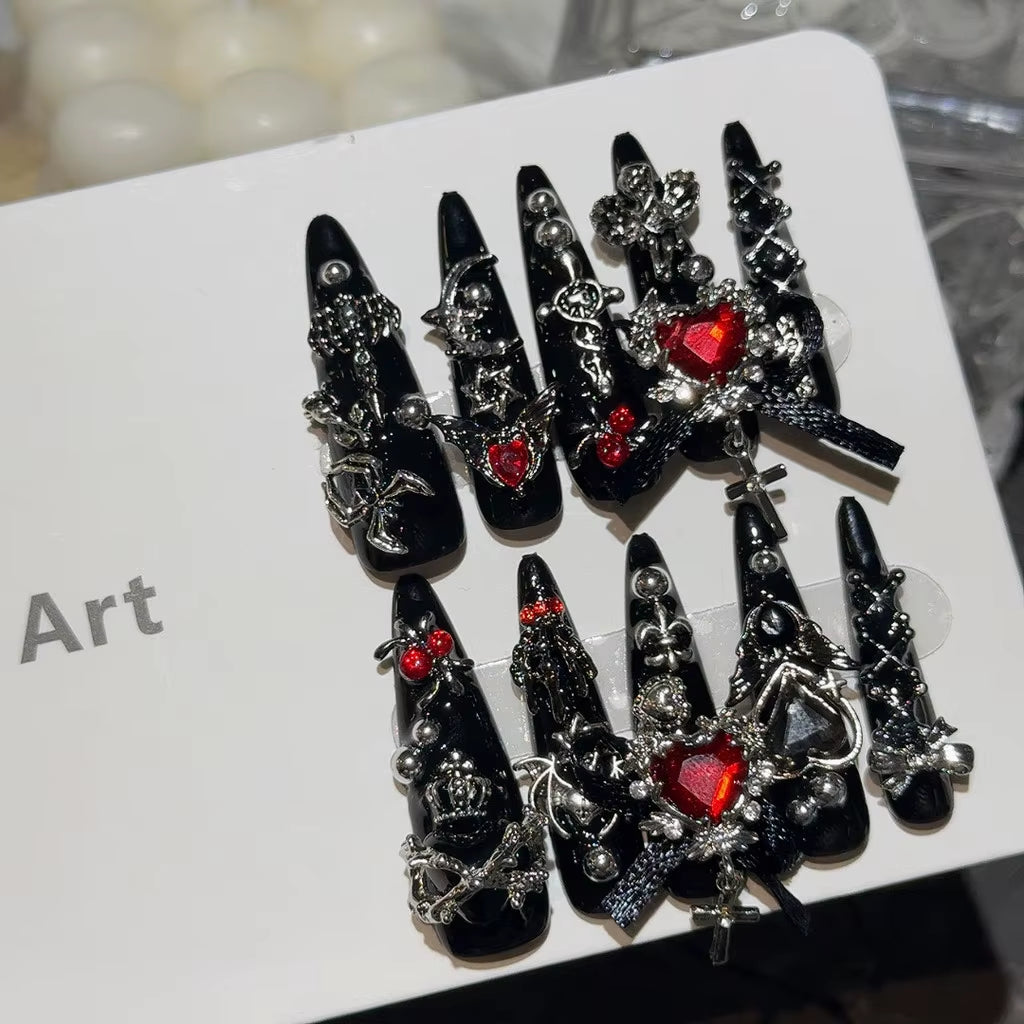 Y2K Menhera Spice Girls Inspired Black & Red Long Tip Handmade Press-On Nails with Cross, Spider, Love, Diamond, and Bow Designs - Cool Dark Nail Art