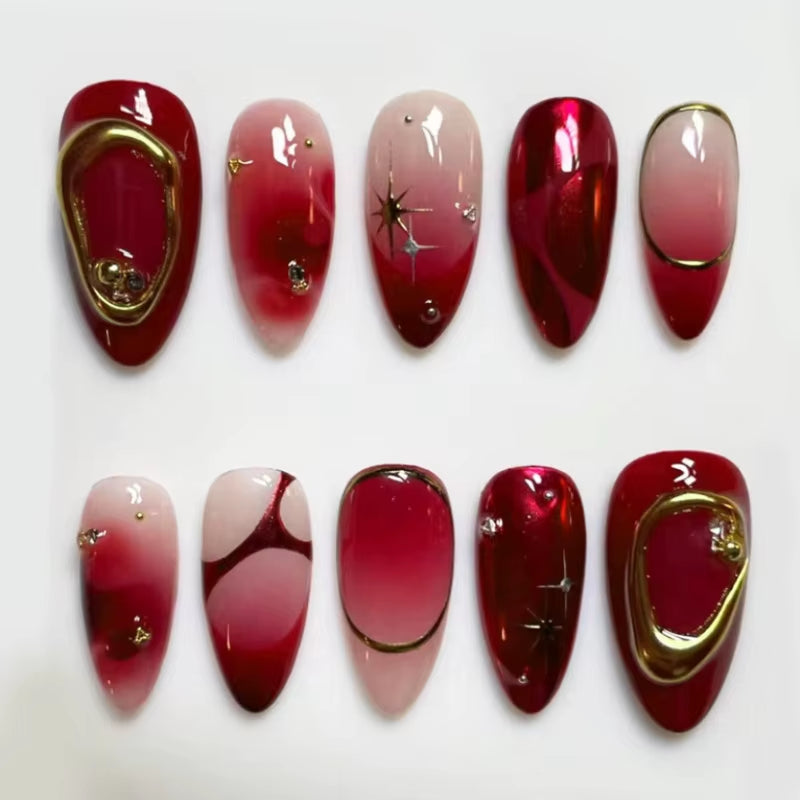 24Pcs Deep Red Baroque Starry Press-On Almond Nails - Stylish & Wearable Fake Nails for Women