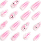 Glamorous 24Pcs Pink Coffin Press-On Nails with 3D Heart, Pearl & Star Charms - Stunning Full Cover Acrylic Nail Art for Women