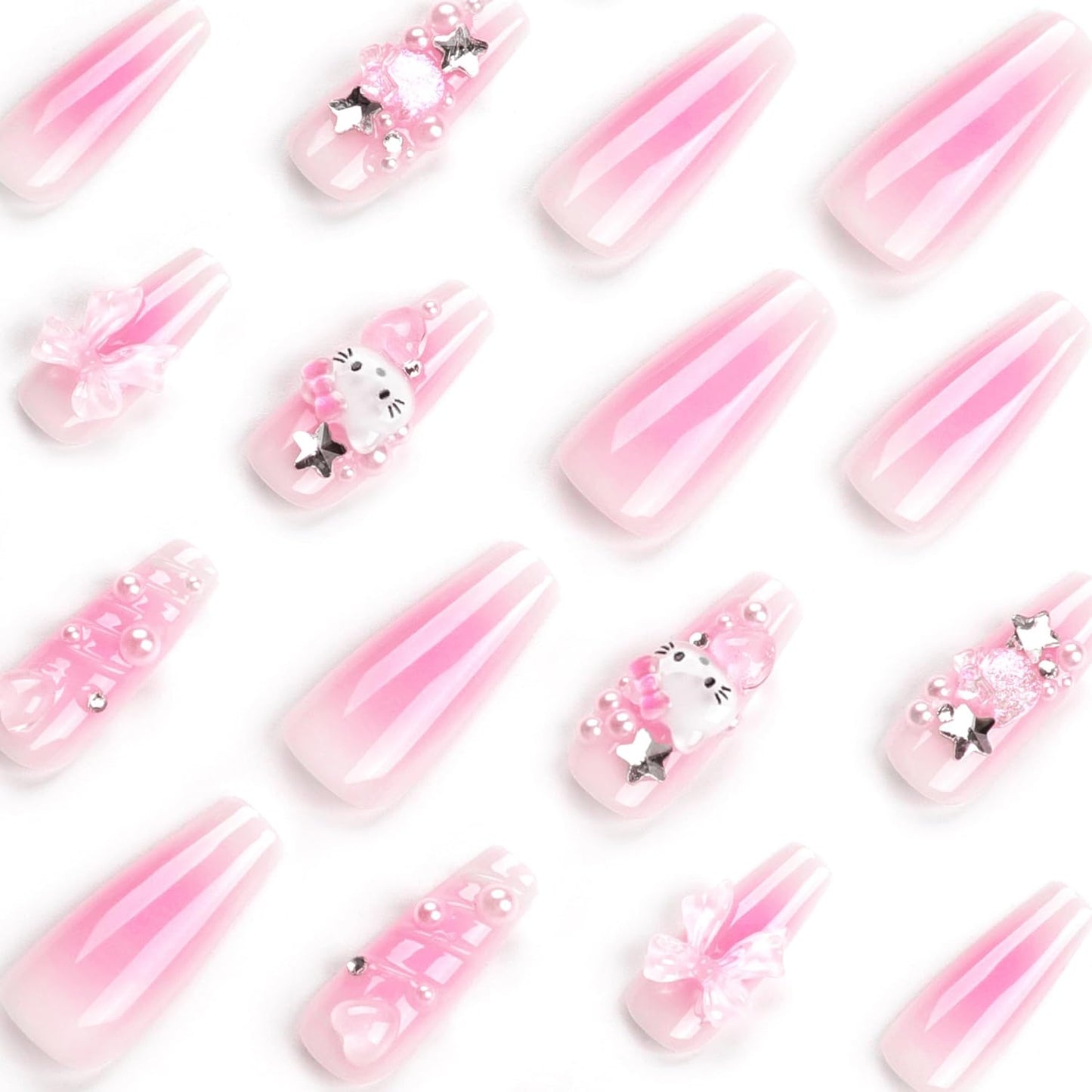 Glamorous 24Pcs Pink Coffin Press-On Nails with 3D Heart, Pearl & Star Charms - Stunning Full Cover Acrylic Nail Art for Women