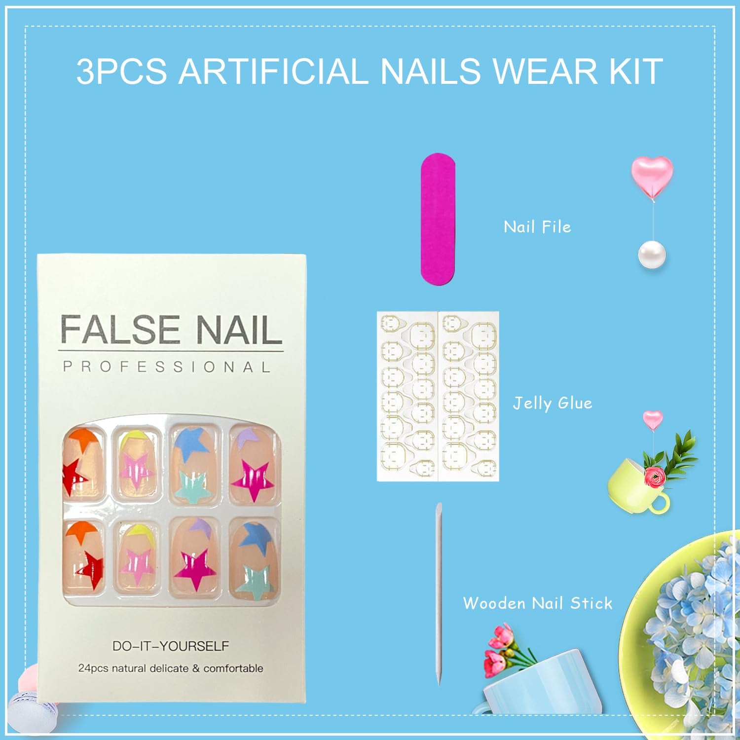 Vibrant Starry Press-On Nails - Short Oval Full Cover Acrylics with Reusable Five-Pointed Star Designs - 24 Pcs for Women & Girls