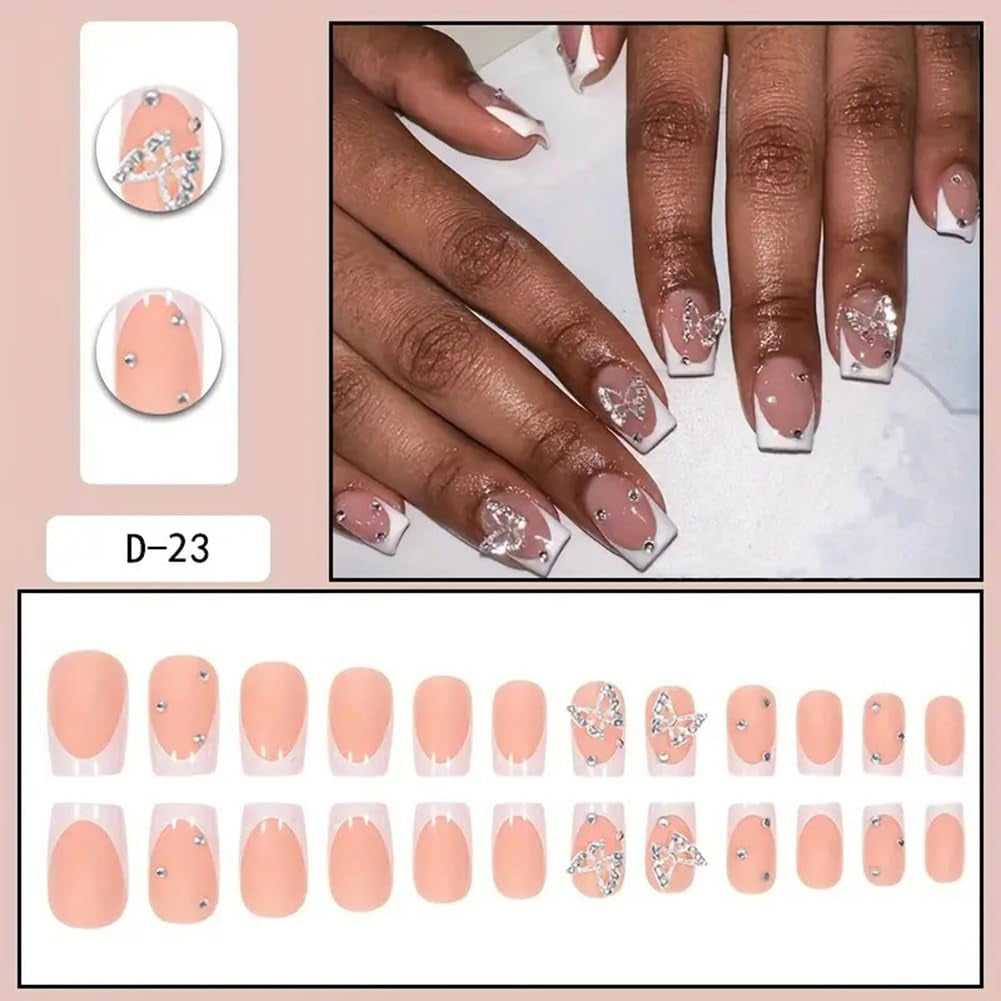 Charming Short Press-On Butterfly French Acrylic Nails - 24 Pcs Cute Square Stick-On Manicure for Women