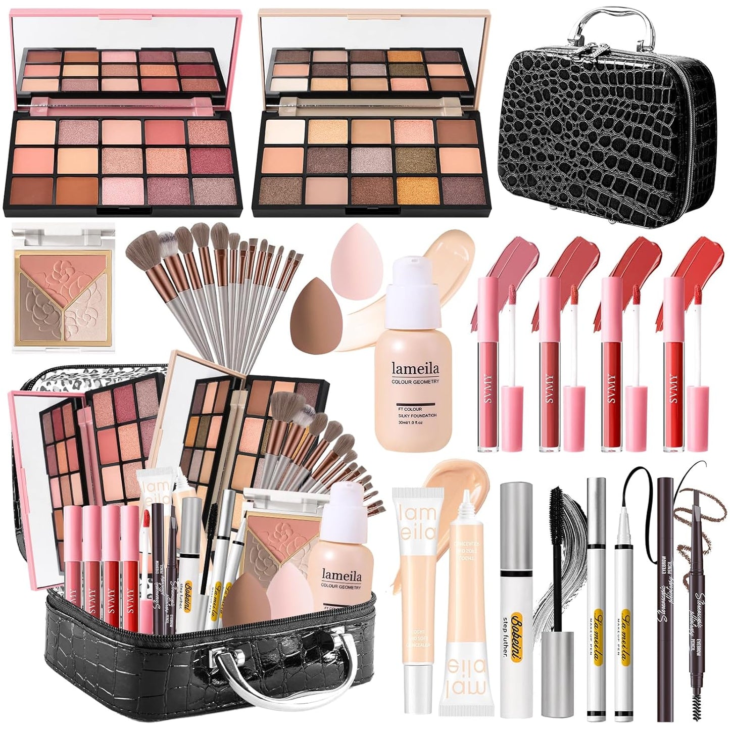 Makeup Kit for Women, Makeup Full Kit for Beginners Teens Girls, Makeup Bundle Include 2 Matte & Shimmer Eyeshadow Palettes, Blush Contour Highlighter Palette, Lip Gloss Set, Concealer - Black Case