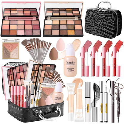 Makeup Kit for Women, Makeup Full Kit for Beginners Teens Girls, Makeup Bundle Include 2 Matte & Shimmer Eyeshadow Palettes, Blush Contour Highlighter Palette, Lip Gloss Set, Concealer - Black Case