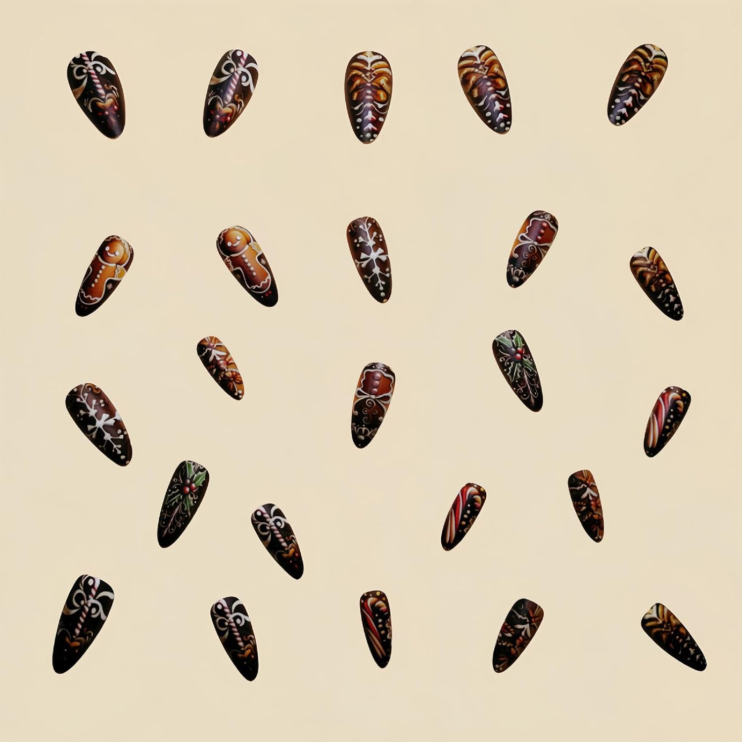 Festive Gingerbread Man Press-On Nails - Medium Almond Shape, Colorful Xmas Snowflake Designs, 24 Pcs Full Cover Acrylics for Women & Girls