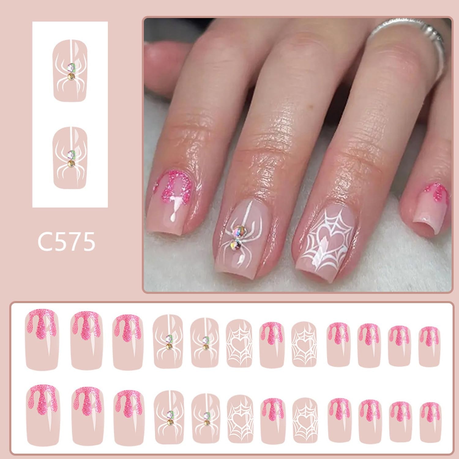 Cute Halloween Press-On Nails - Short Square Acrylic with Glitter Heart & Spiderweb Design - 24Pcs Full Cover Manicure for Women & Girls