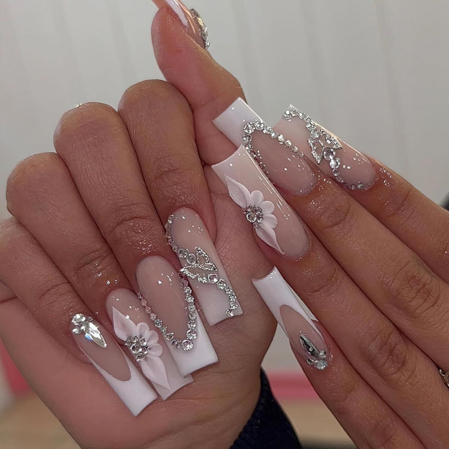 Glamorous French Tip Press-On Nails with 3D Rhinestones - Long Square Glossy Nude False Nails with Flower & Butterfly Charms - 24 Pcs for Stunning Nail Decor
