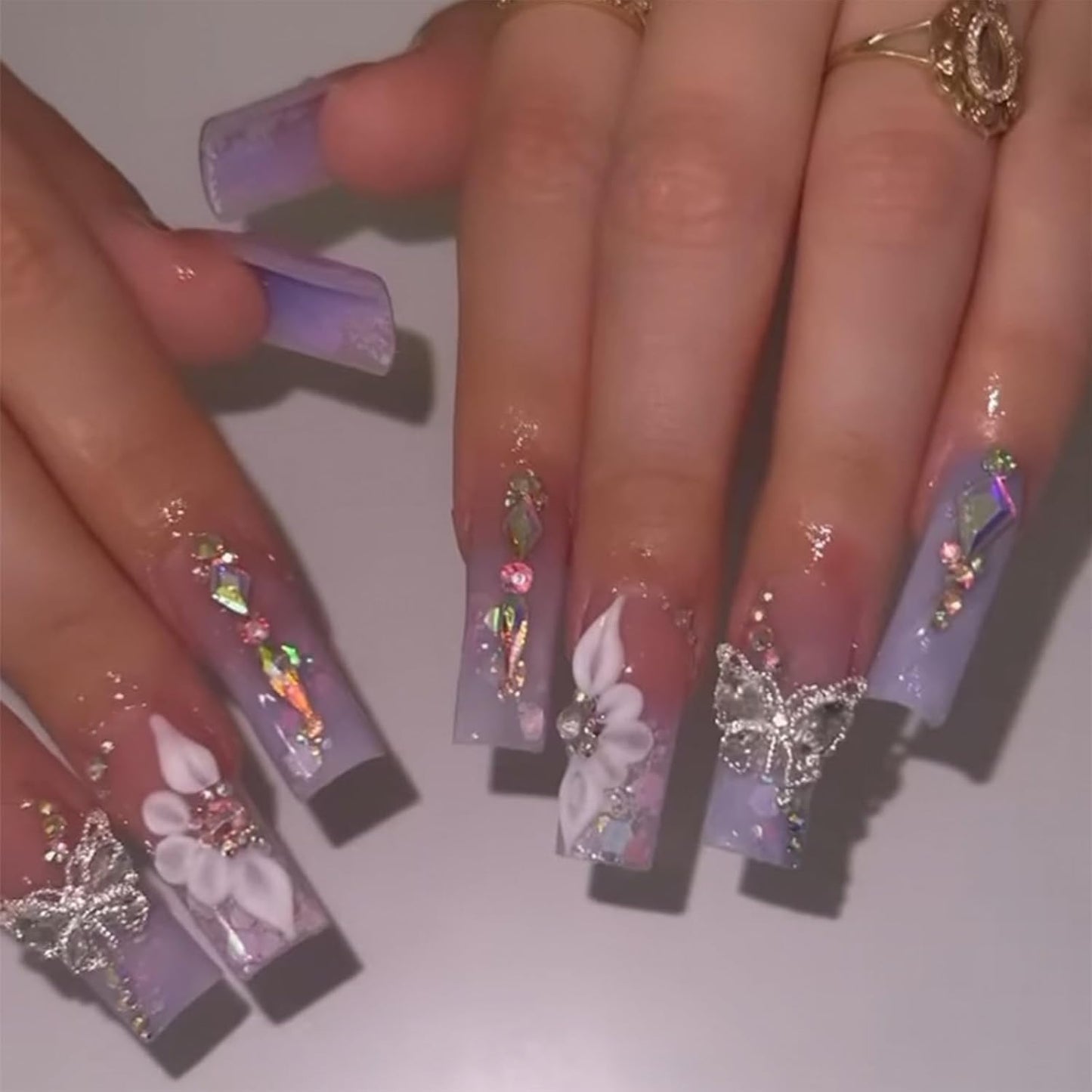 Glamorous Purple Gradient Press-On Nails with Butterfly Rhinestone Designs - Long Square Full Cover Acrylic Nail Kit for a Stunning Summer Look