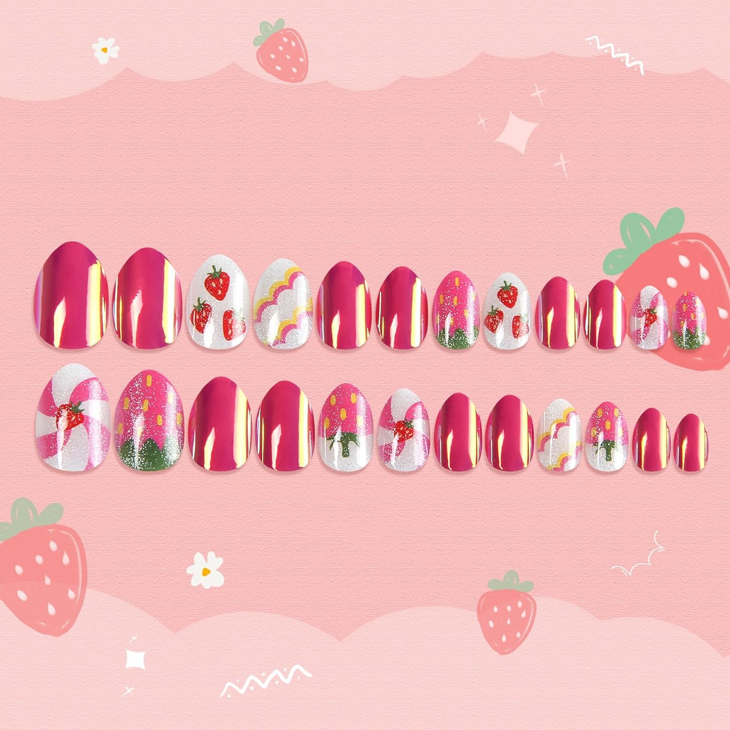 Sweet Strawberry Kids Press-On Nails - Fun Almond-Shaped Fake Nails for Girls - Easy Adhesive Full Cover Short Nail Tips