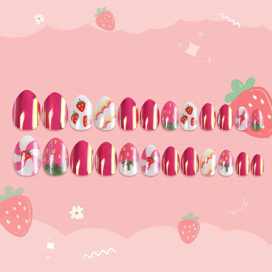 Sweet Strawberry Kids Press-On Nails - Fun Almond-Shaped Fake Nails for Girls - Easy Adhesive Full Cover Short Nail Tips