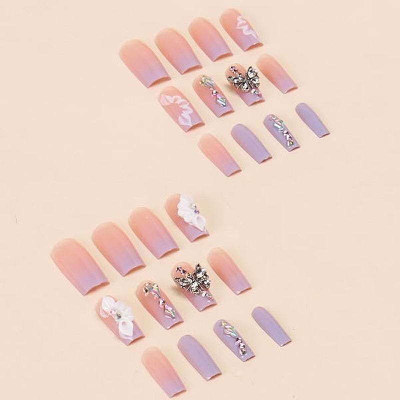 Glamorous Purple Gradient Press-On Nails with Butterfly Rhinestone Designs - Long Square Full Cover Acrylic Nail Kit for a Stunning Summer Look