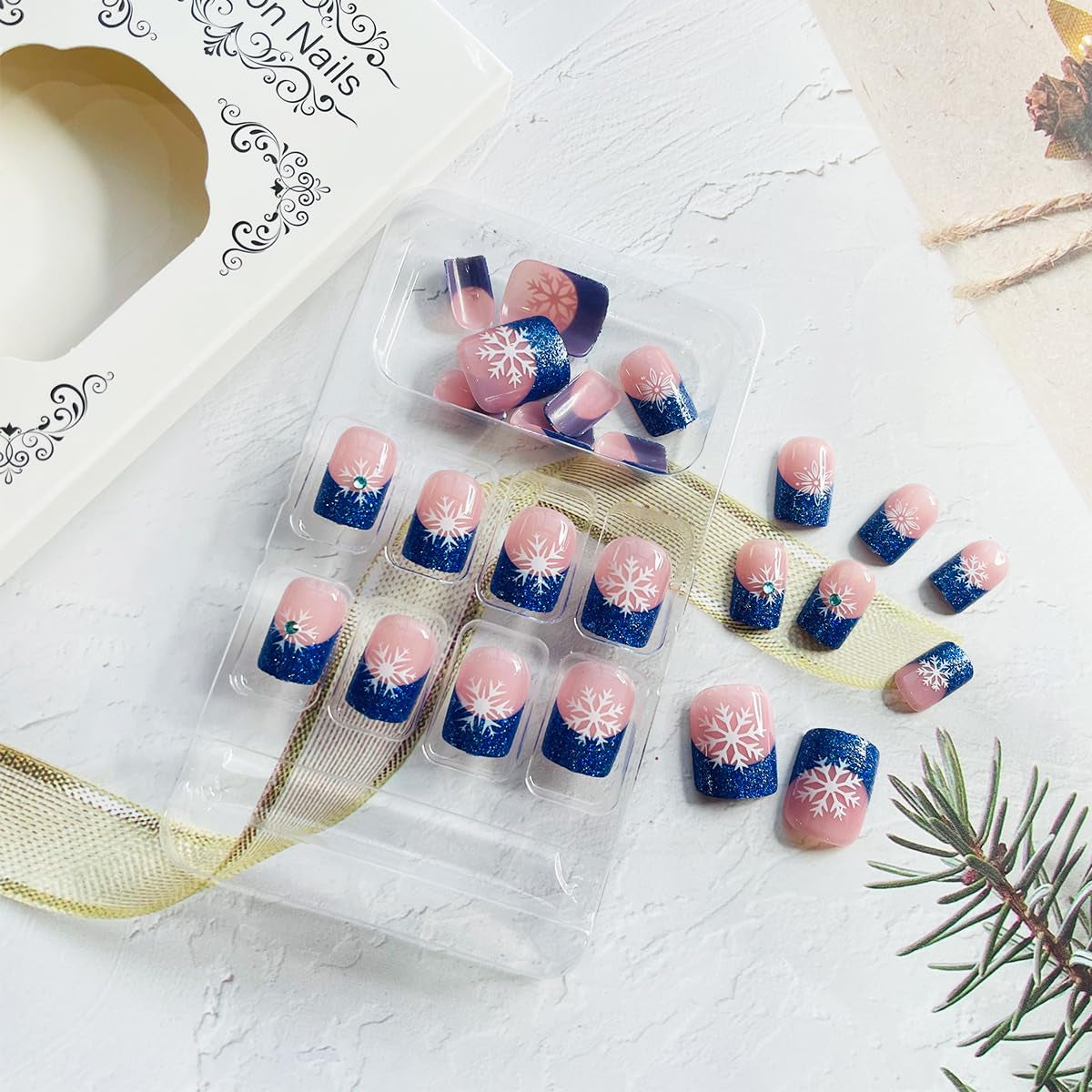 24Pcs Festive Blue Glitter Snowflake Press-On Nails - Short Square French Tips with Rhinestone Design for a Sparkling Christmas Look