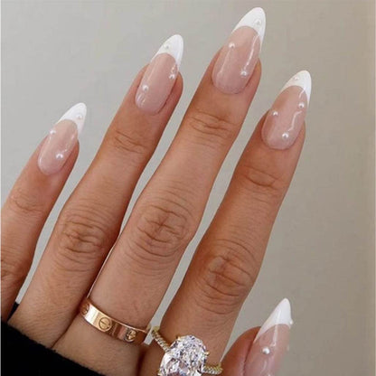 Elegant Pearl White Almond French Press On Nails - 24 Pcs Acrylic False Nails for Women and Girls